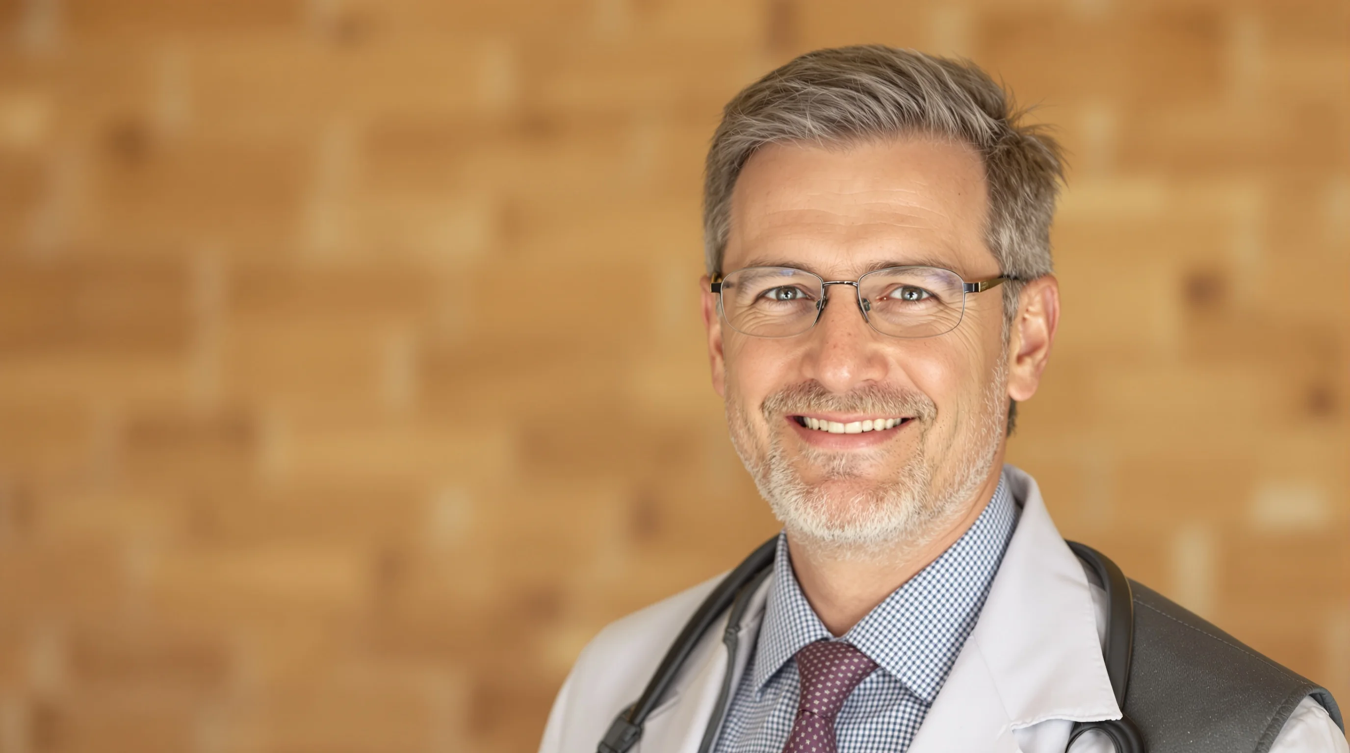 Nahaufnahme einer Ärztin mit natürlichem Lächeln, neutralem Hintergrund