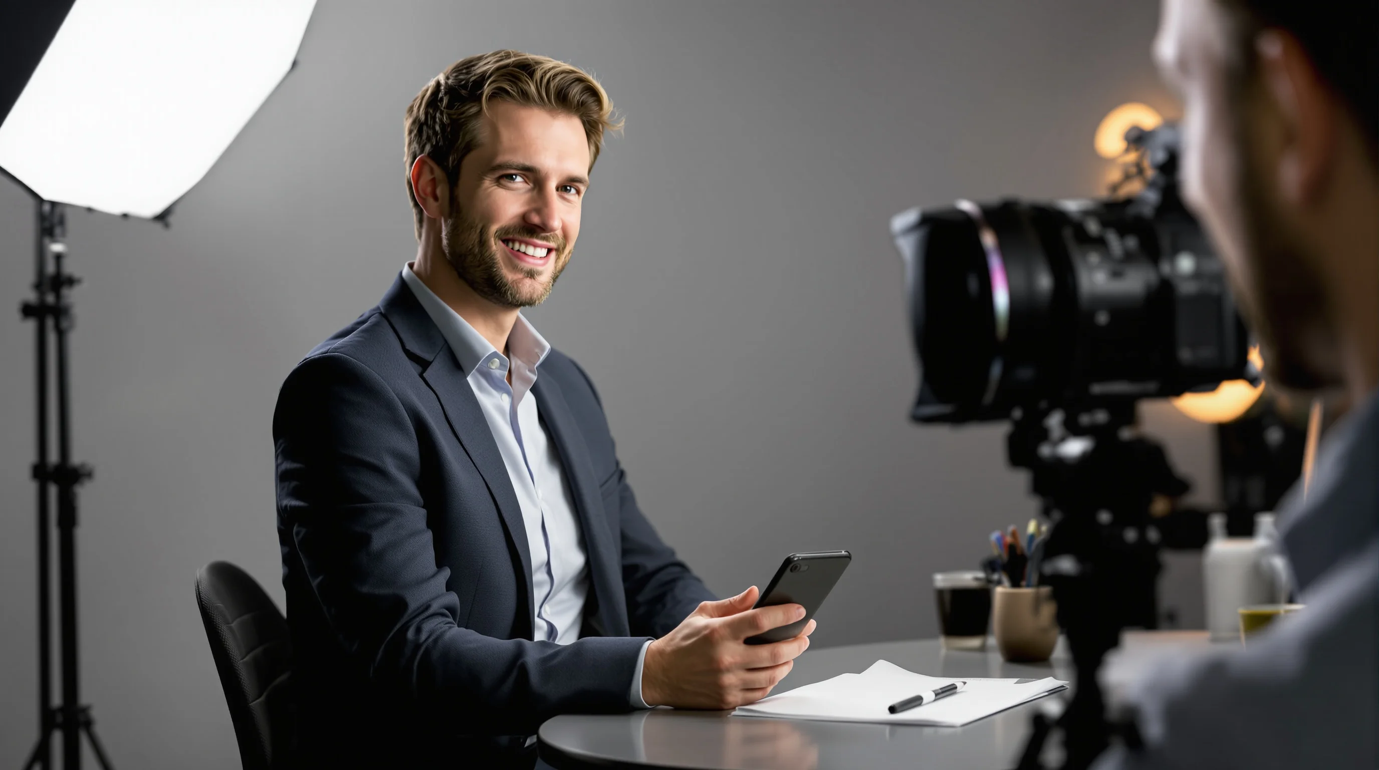 Handwerkerfoto vor neutralem Hintergrund, natürliche Ausleuchtung