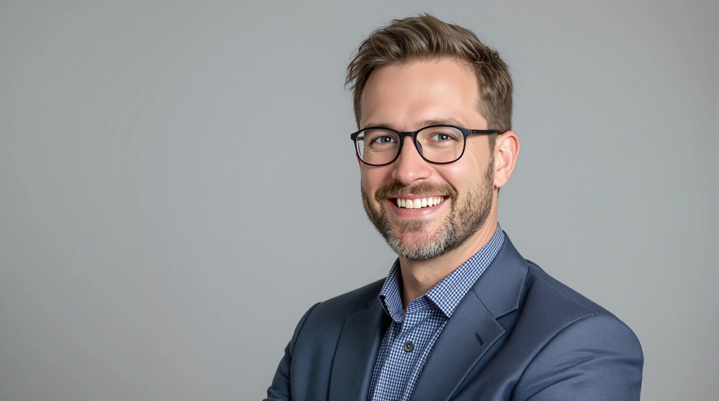 Freundliches Porträt eines Ingenieurs in Business-Outfit vor neutralem Hintergrund