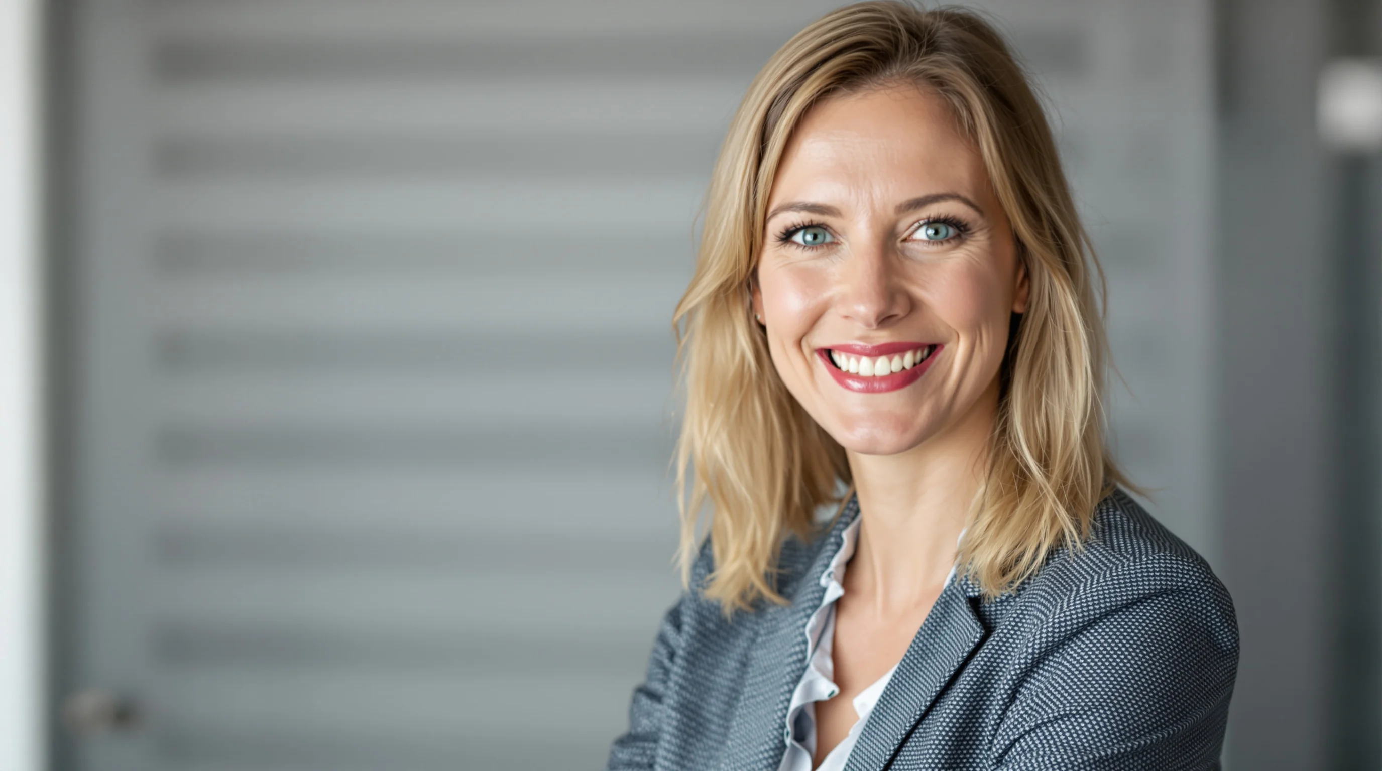 Person in Business-Kleidung richtet Kamera auf Stativ vor neutraler Wand aus