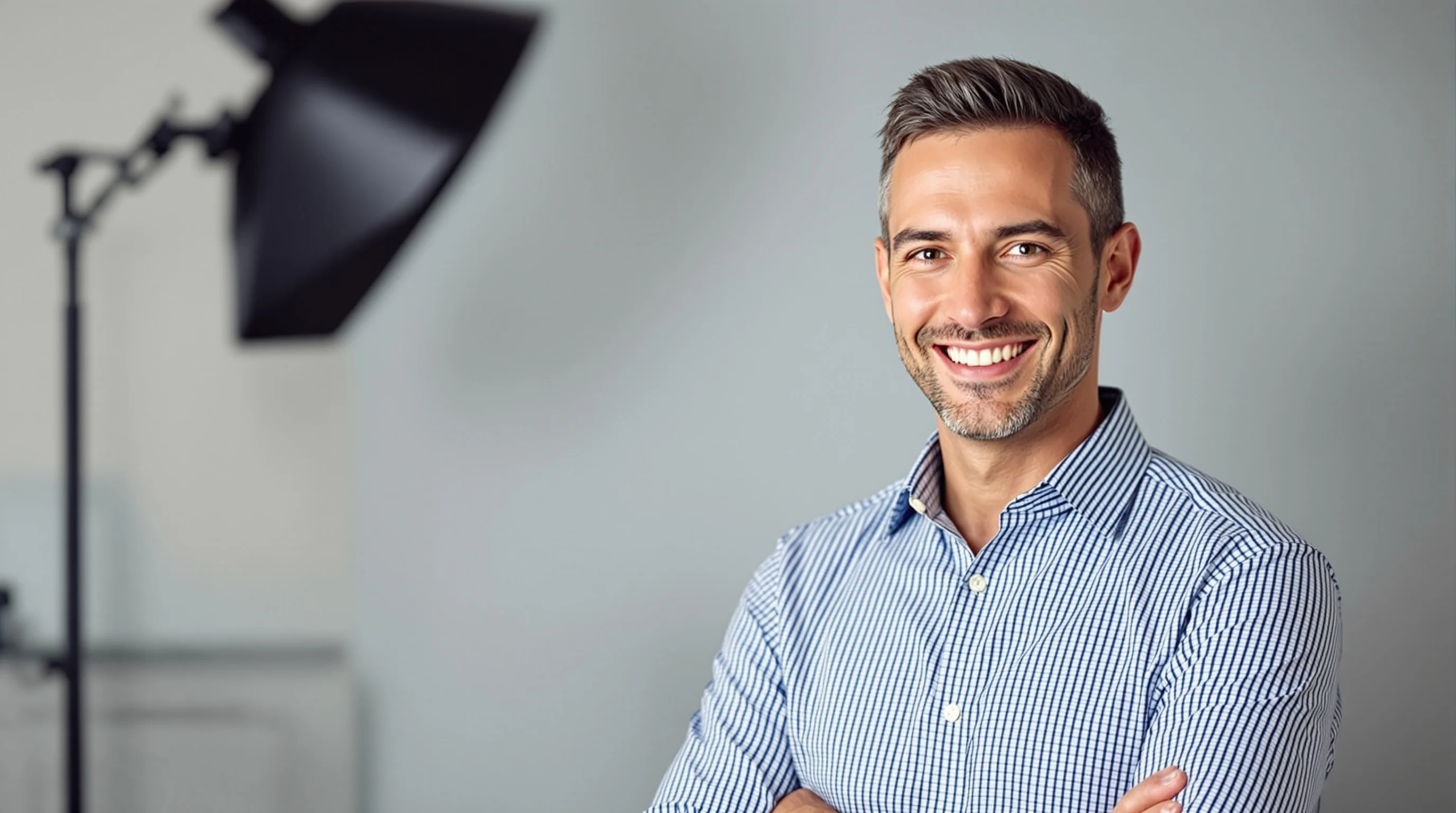 Bewerber in Business‑Kleidung vor neutralem Hintergrund, frontal in die Kamera blickend