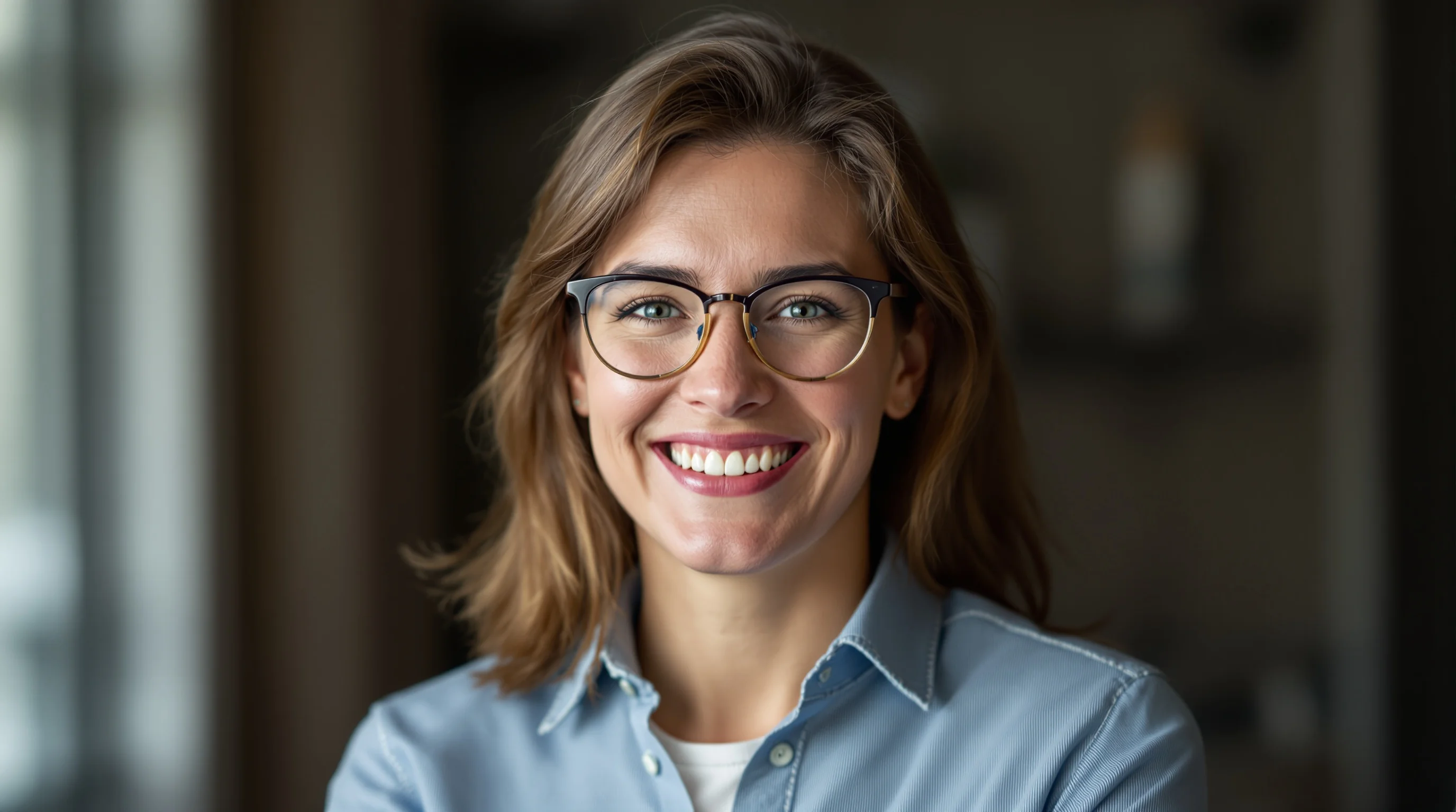 Porträt einer lächelnden Bewerberin: Kopf‑Schulter‑Ausschnitt, natürlicher Hintergrund