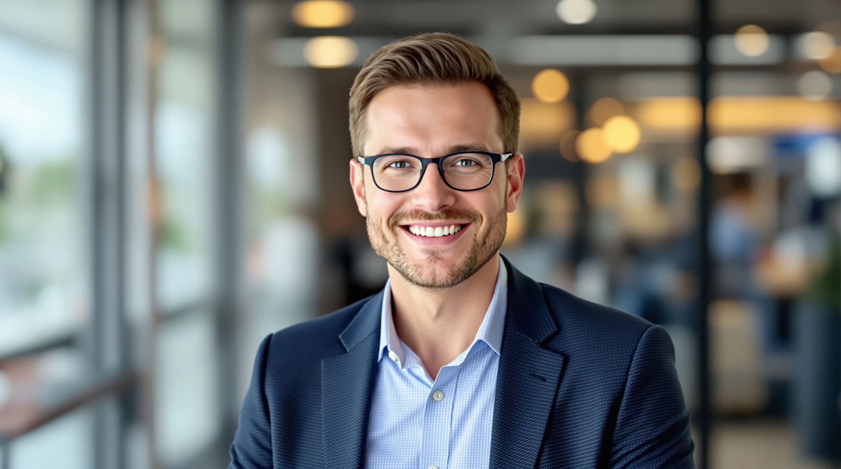 Zwei IT-Professionals in Smart-Casual-Outfits lächeln entspannt in die Kamera