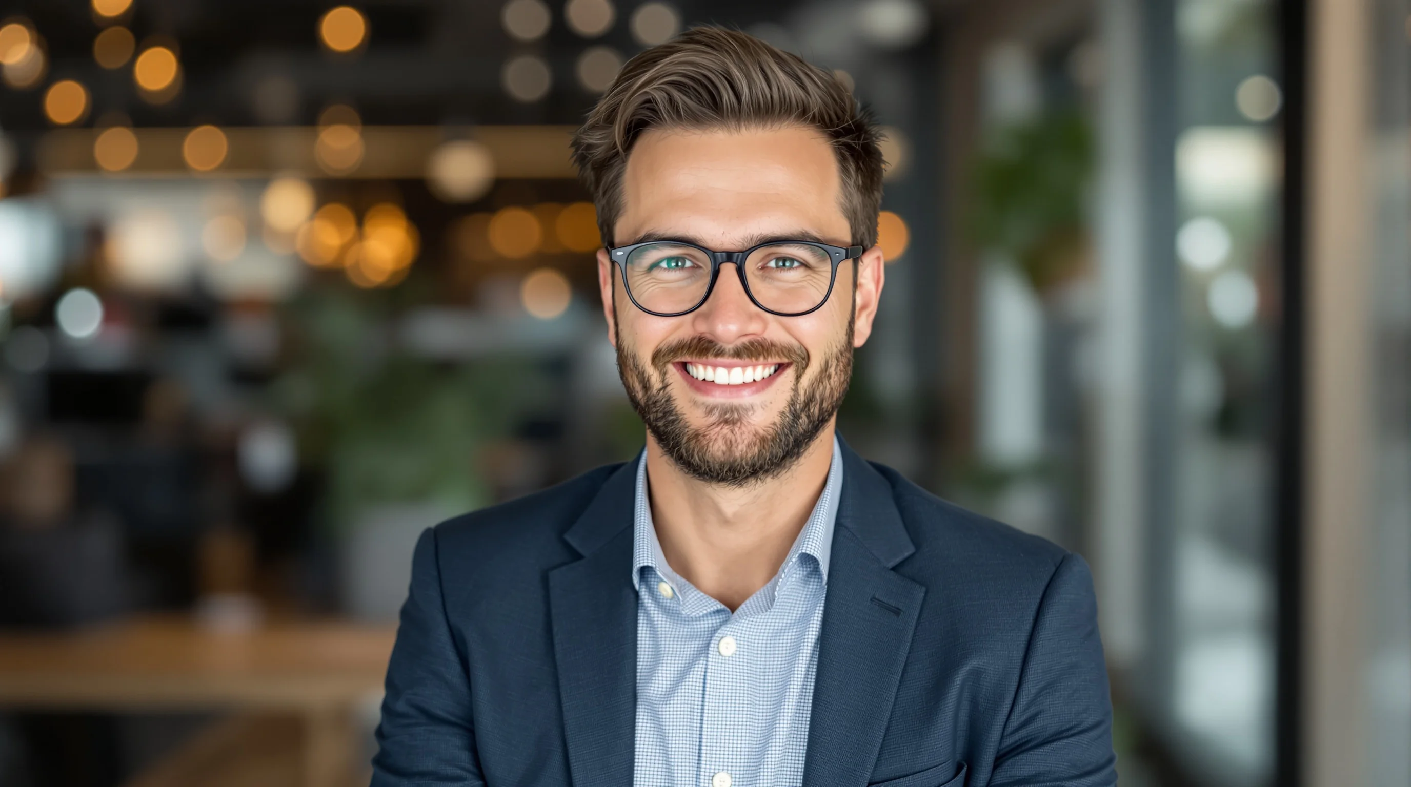 Porträt eines lächelnden IT‑Bewerbers mit entspannter Körperhaltung