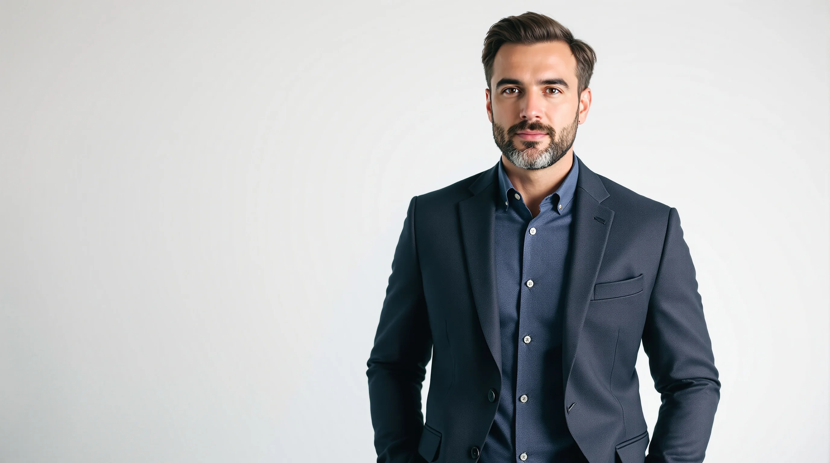 Mann im Sakko vor neutralem Hintergrund – Beispiel für Bewerbungsfotos Kleidung Mann