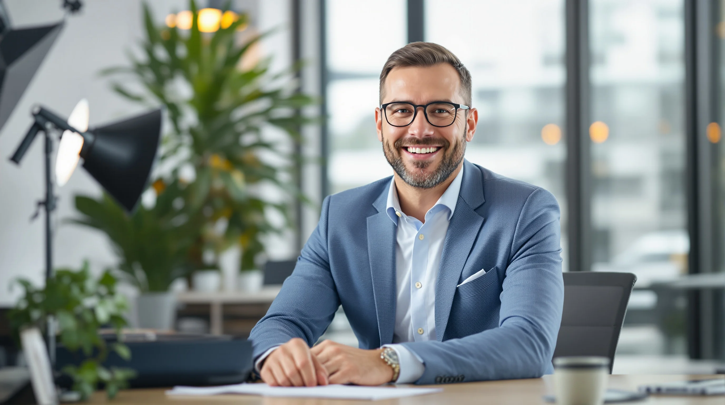 Fotograf macht Bewerbungsfoto in hellem Studio