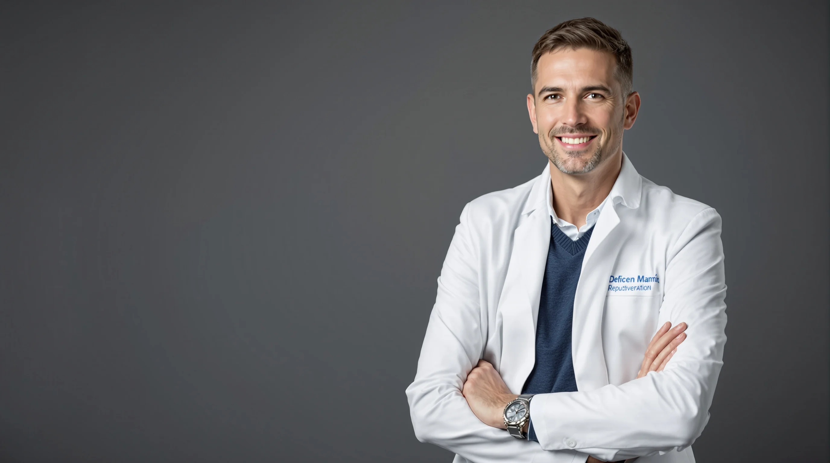 Ein Arzt und eine Anwältin in professioneller Businesskleidung vor neutralem Hintergrund.