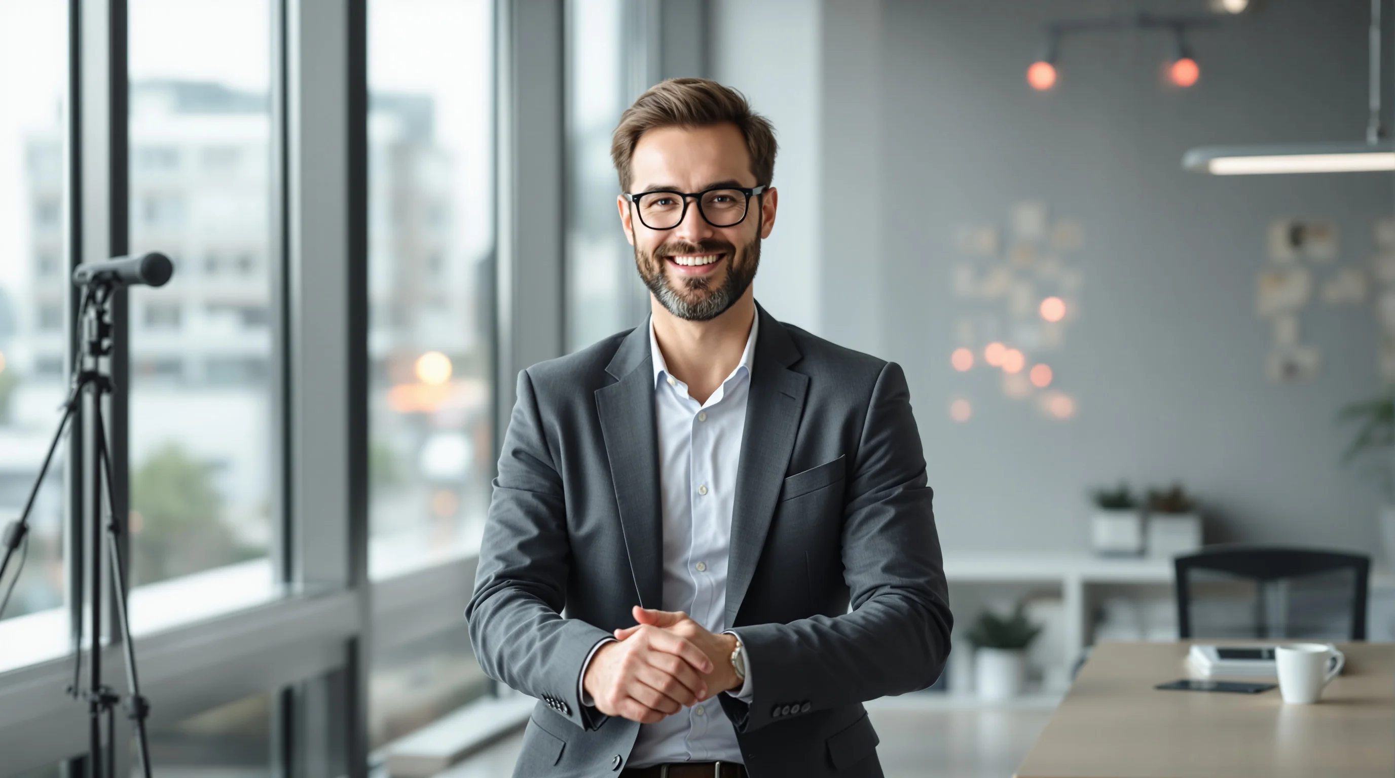 Bewerber vor farbiger, aber ruhiger Wand – modernes, kreatives Bewerbungsfoto