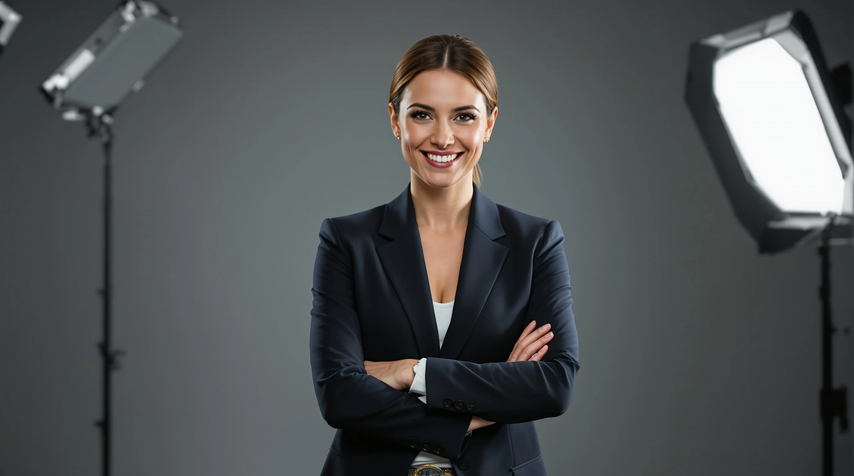 Beispiel: Bewerber mit dezentem Requisit und farbigem Hintergrund