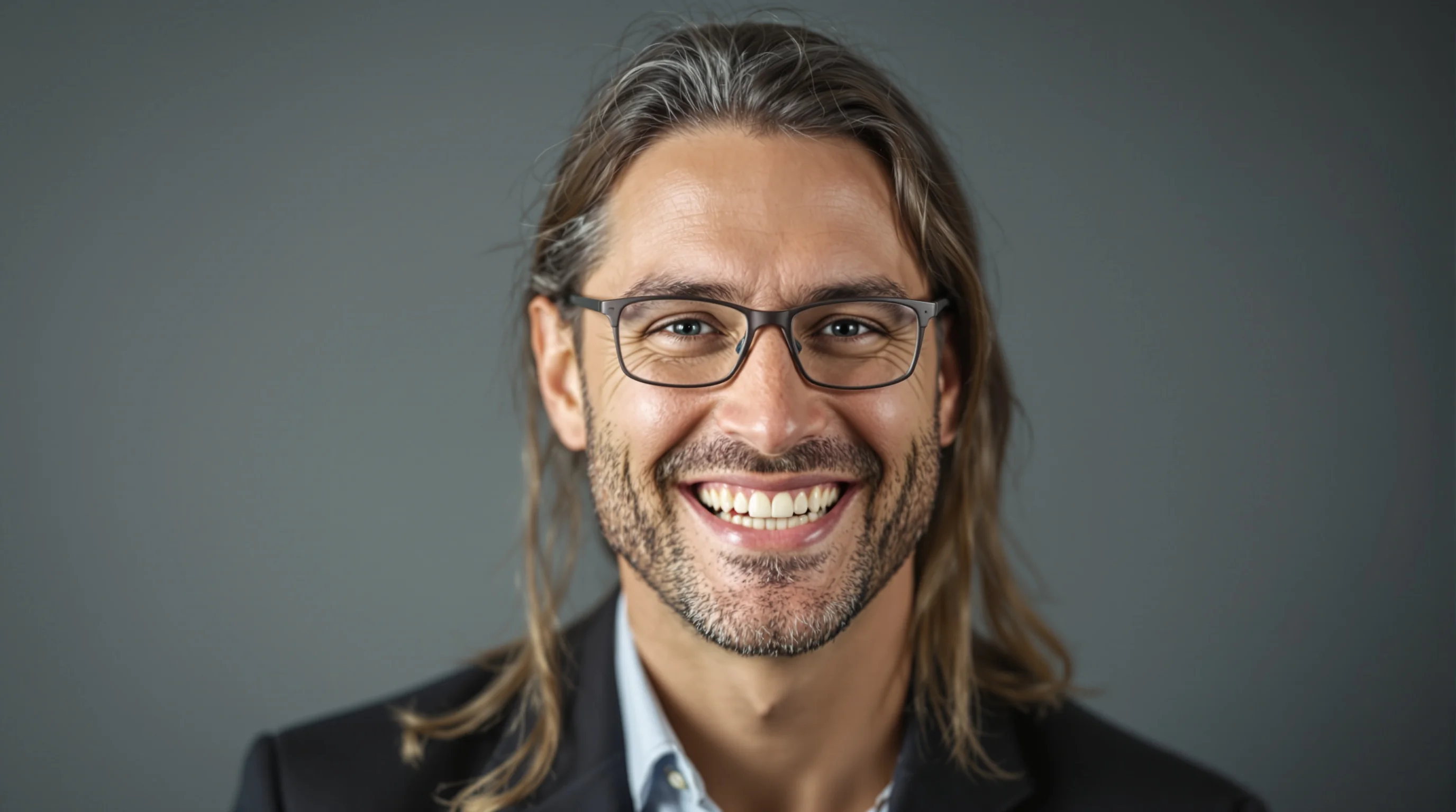 Studio-Porträt einer Person mit sympathischem Lächeln im Business-Outfit