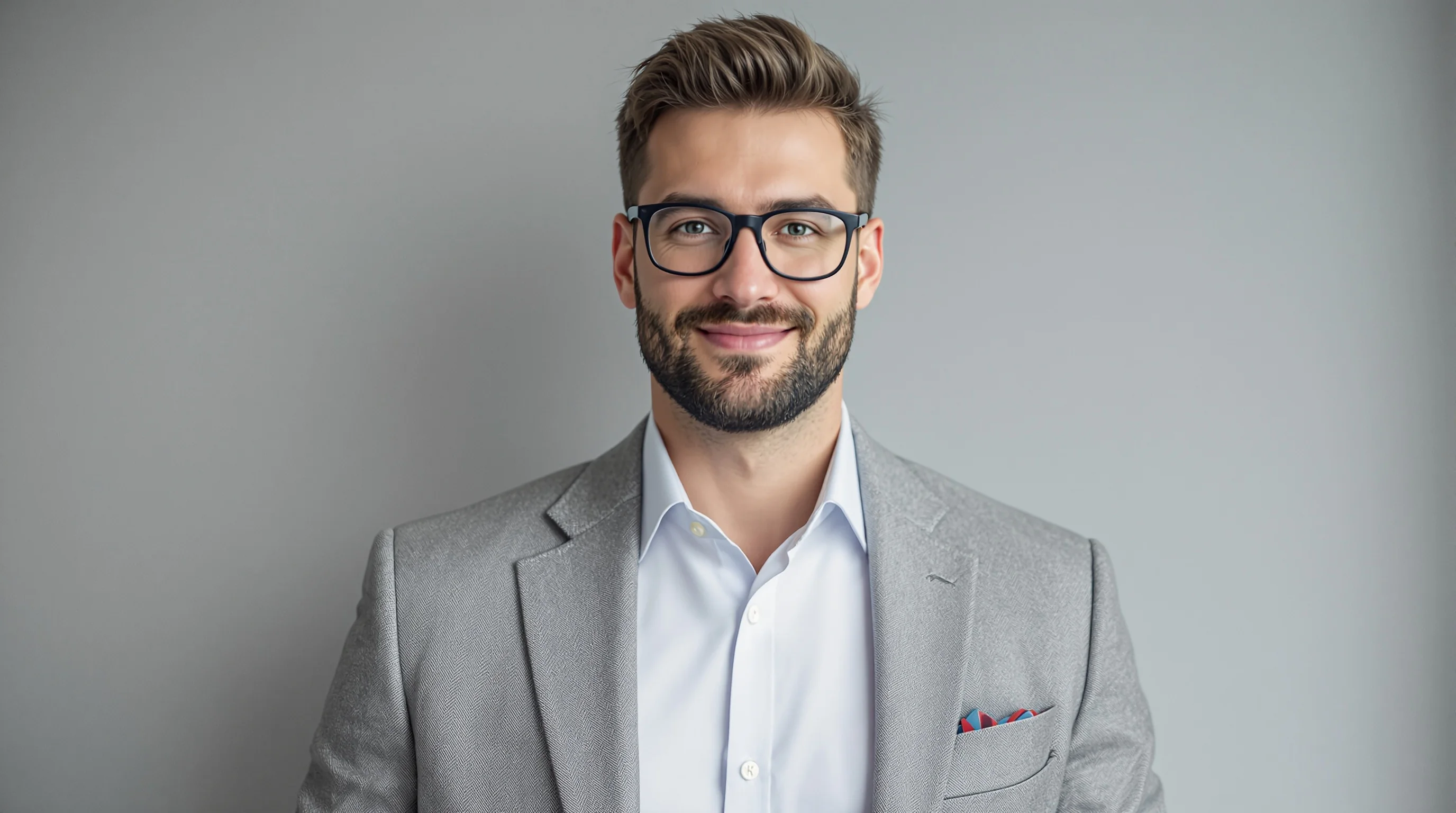 Porträt einer jungen Bewerberin in blauem Blazer vor neutralem Hintergrund