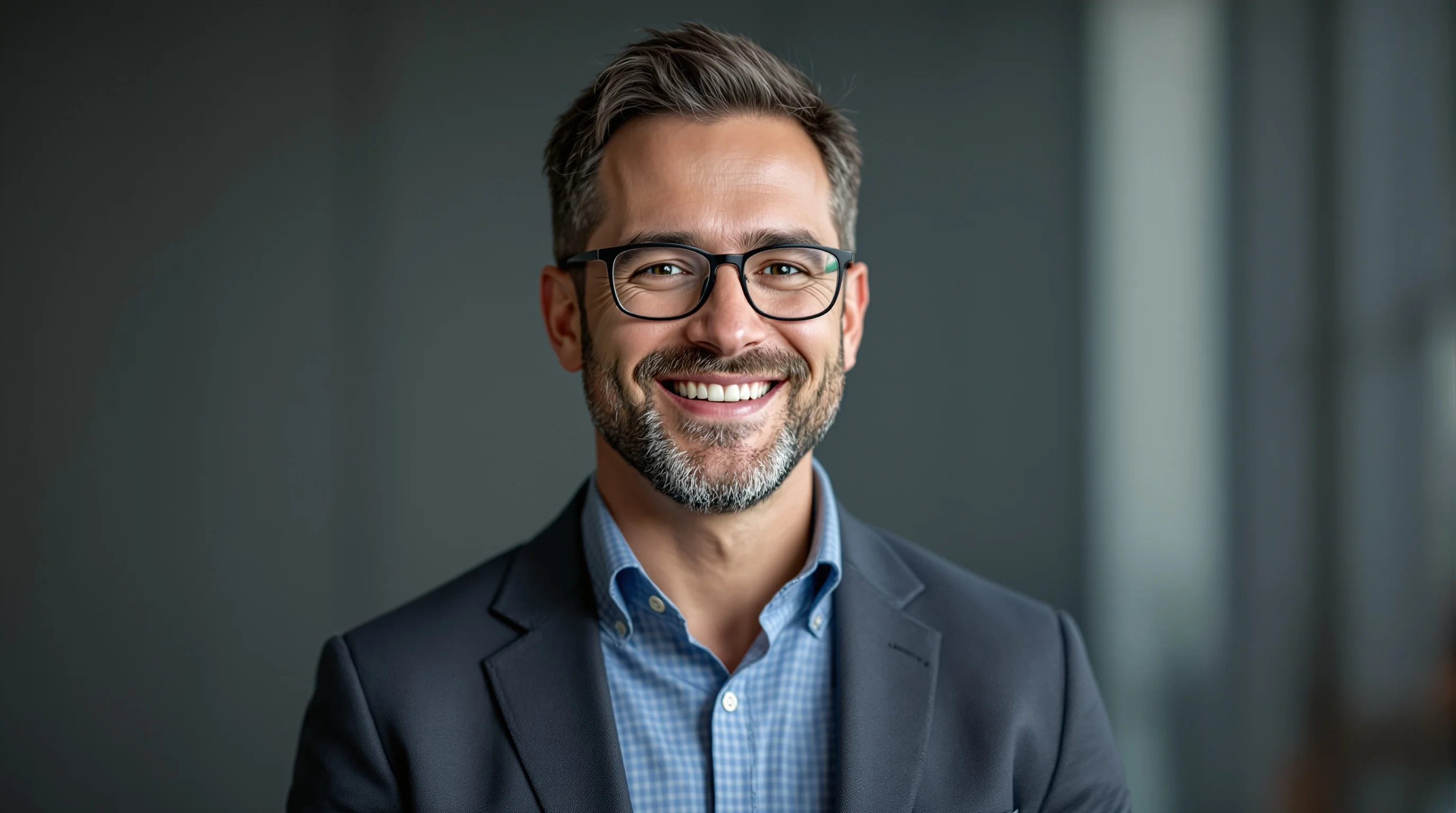 Businessporträt mit authentischem Lächeln, neutraler Hintergrund