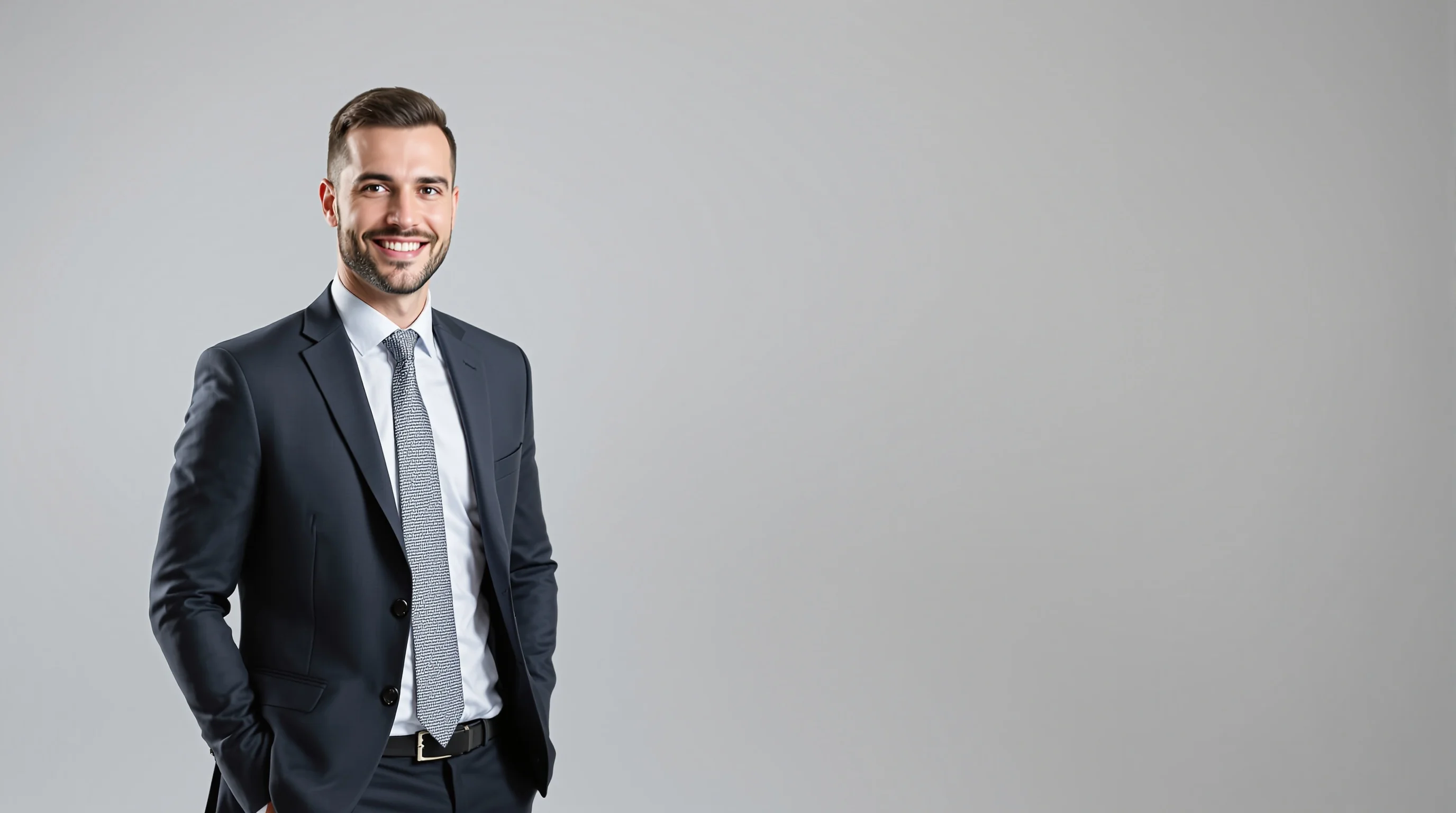 Bewerbungsfoto: Kandidat in blauem Sakko und weißem Hemd vor neutralem Hintergrund